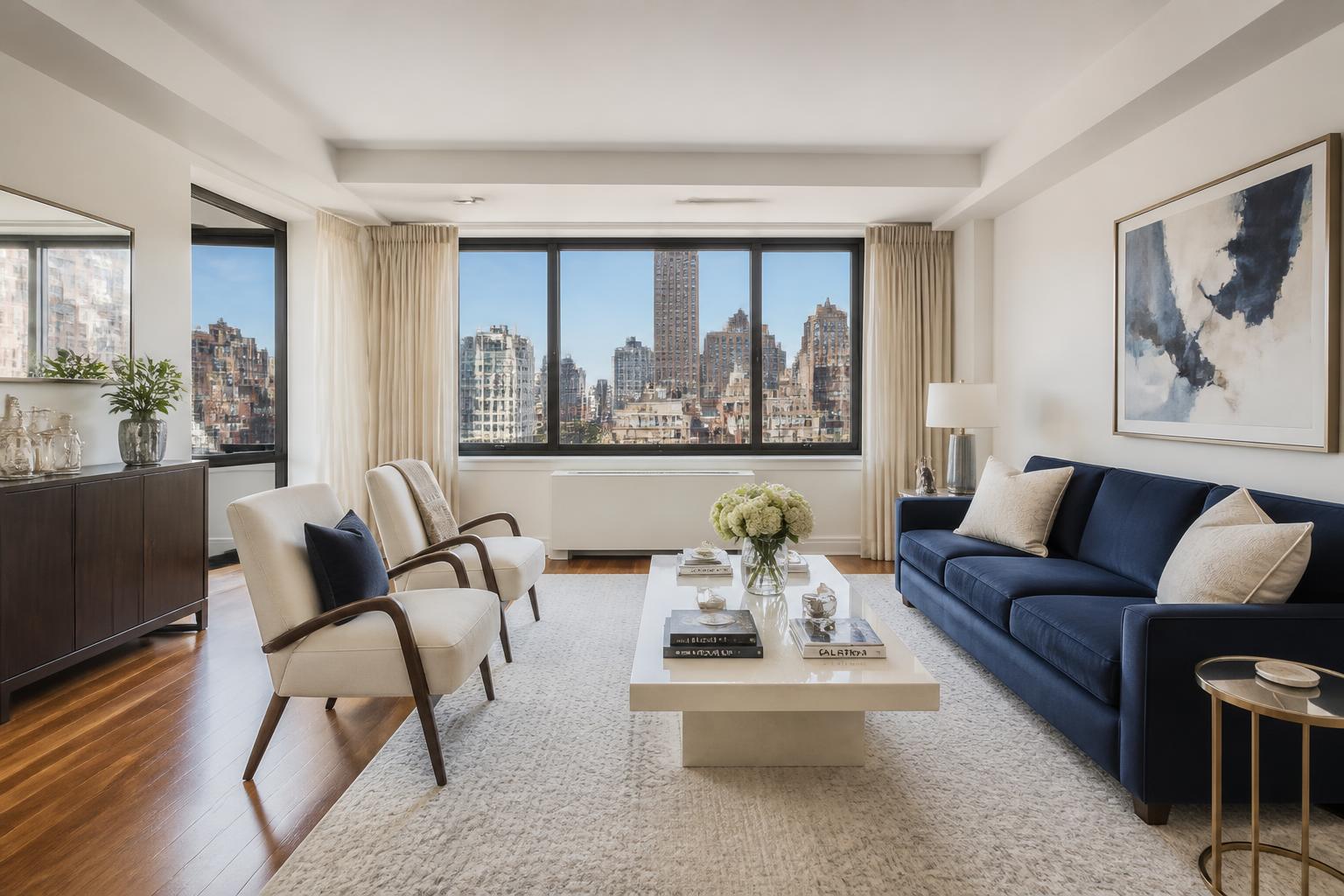 Bright, freshly cleaned Manhattan apartment living room with hardwood floors